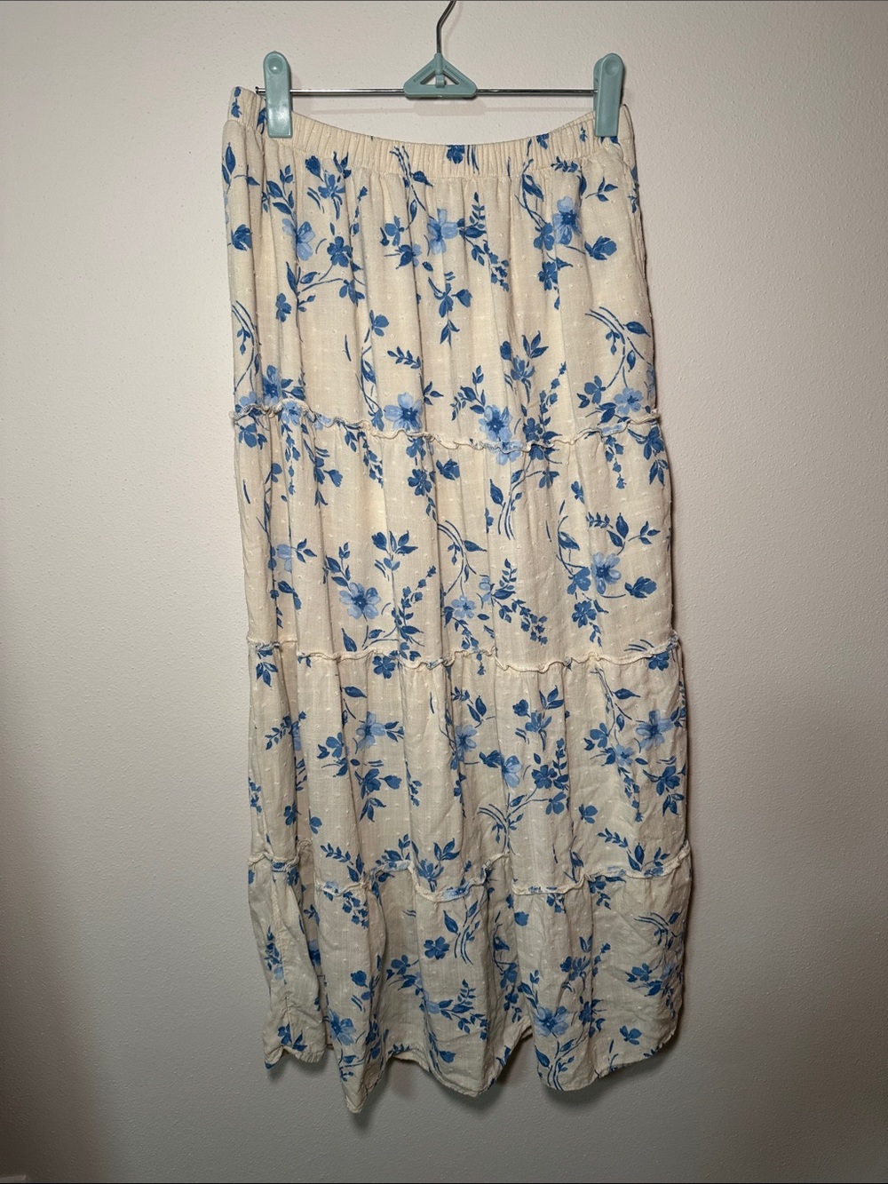 Hollister Lined Cream Maxi Skirt with Blue Floral Print
